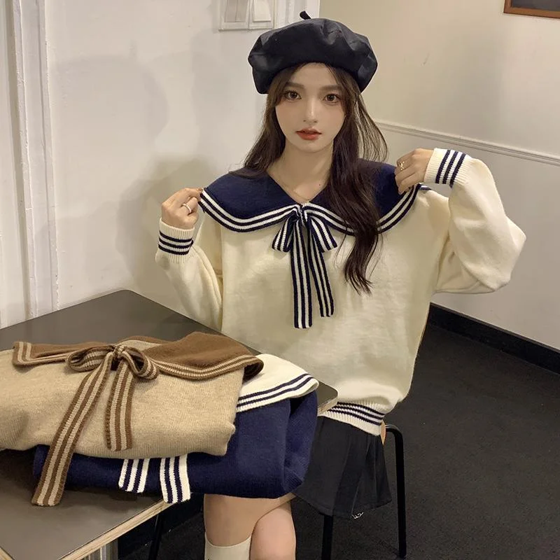 Женский джемпер с матросским воротником, в японском стиле, зимний свитер с длинным рукавом и шнуровкой, новый пуловер, женские милые свитера
Женский джемпер с матросским воротником, в японском стиле, зимний свитер с длинным рукавом и шнуровкой, новый пуловер, женские милые свитера