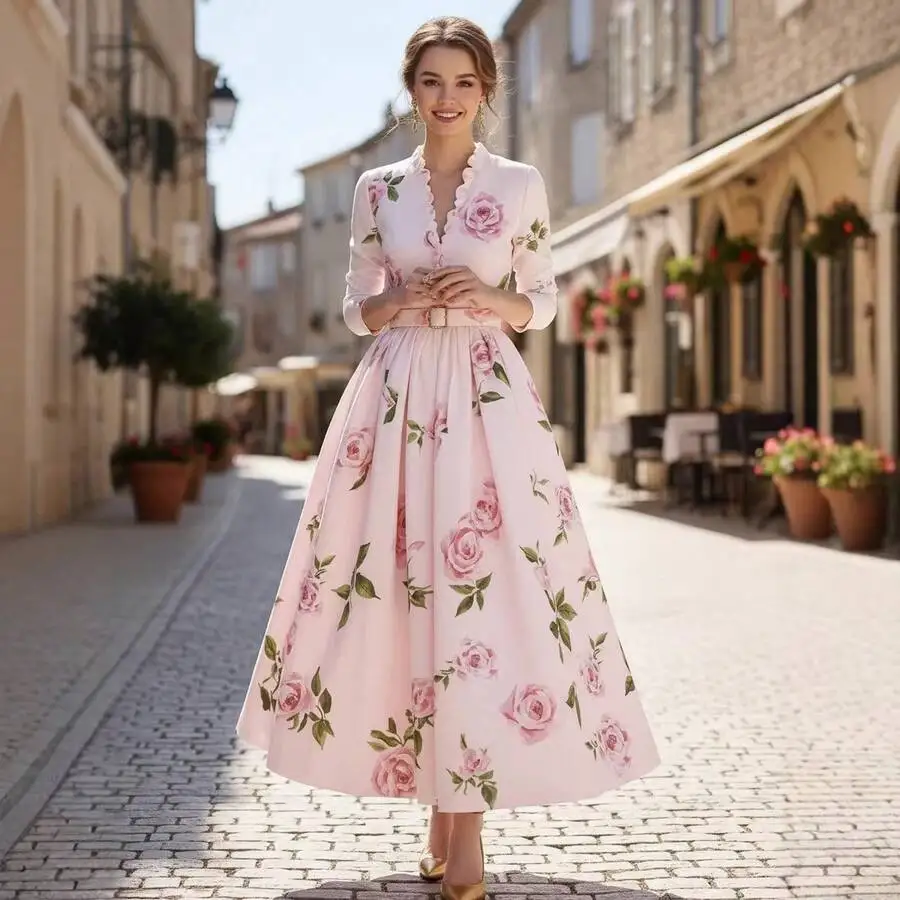 Vintage-Inspired Pink Rose A-Line Midi Dress With V-Neck, Long Sleeves, And Removable Belted Waist For Elegant Women’s Wear
Vintage-Inspired Pink Rose A-Line Midi Dress With V-Neck, Long Sleeves, And Removable Belted Waist For Elegant Women’s Wear