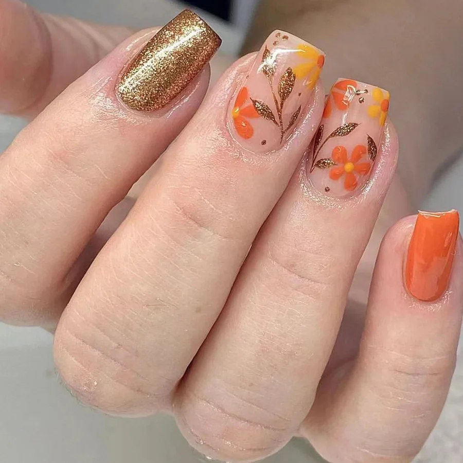 24pcs Mini Flower Floral Fake Nails Acrylic Gold Glitter False Nails Short Square Shiny Glossy Press on Nails Maple Leaves Nail
24pcs Mini Flower Floral Fake Nails Acrylic Gold Glitter False Nails Short Square Shiny Glossy Press on Nails Maple Leaves Nail