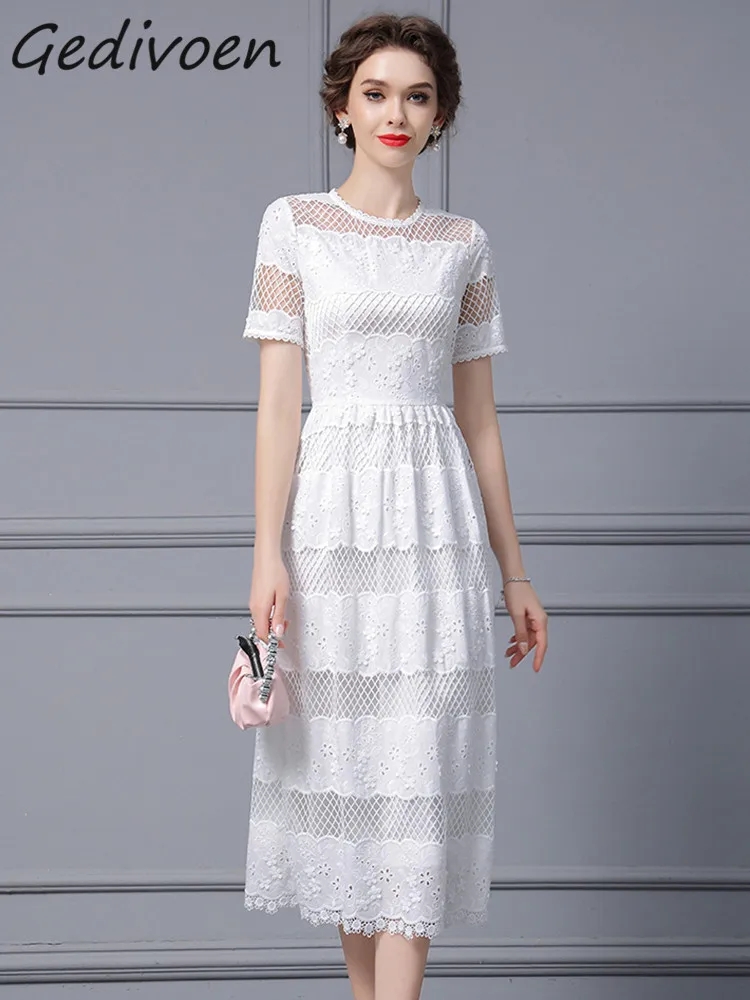 Gedivoen Summer Fashion Designer Elegant White Party Dress Women's Short Sleeve High Wist Lace Embroidery Hollow Out Long Dress
Gedivoen Summer Fashion Designer Elegant White Party Dress Women's Short Sleeve High Wist Lace Embroidery Hollow Out Long Dress
