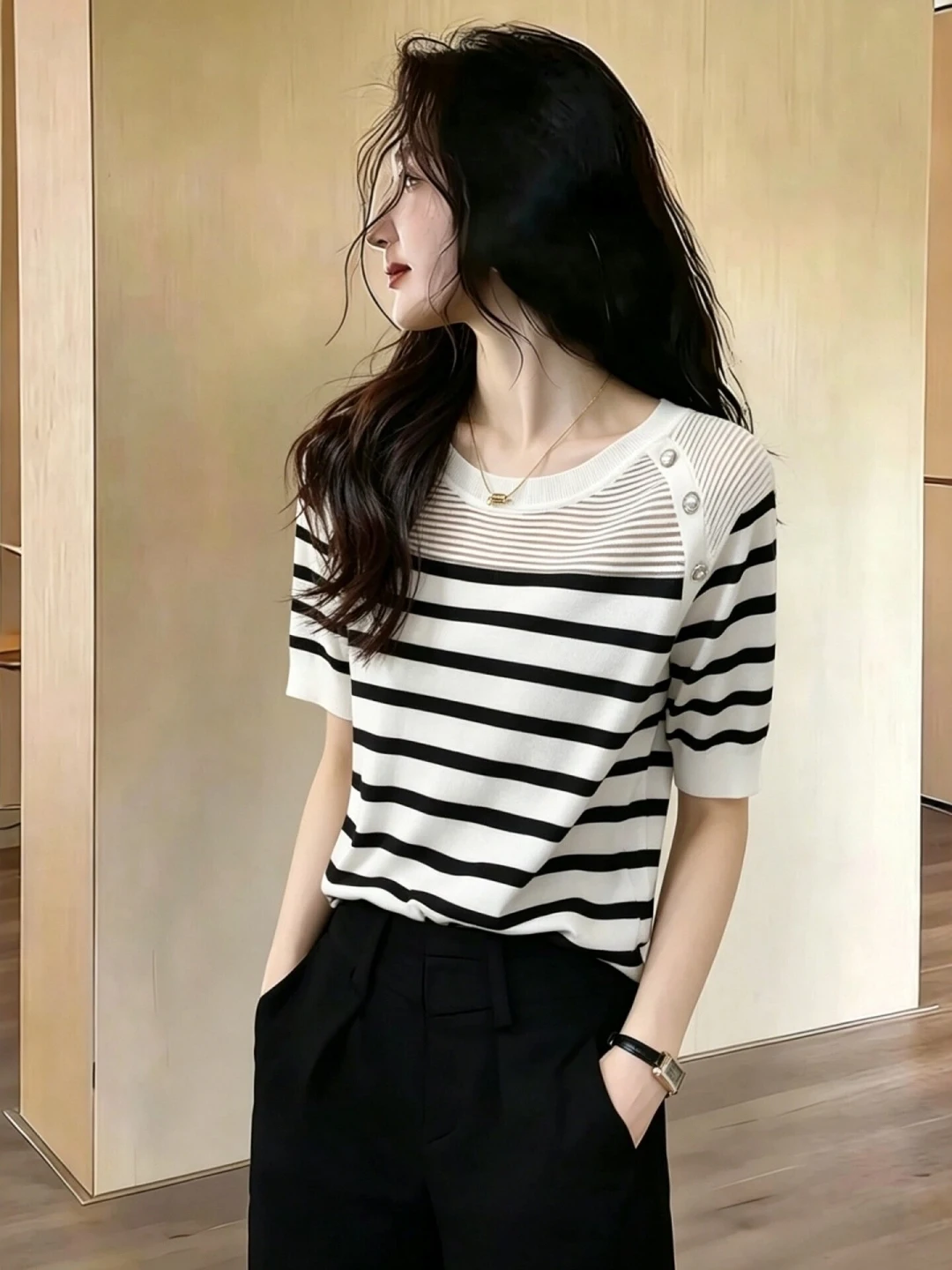 Summer Knitwear Women's round Neck Short Sleeve Striped Loose Fit Color Block Top Korean Style Casual Comfortable plus Size
Summer Knitwear Women's round Neck Short Sleeve Striped Loose Fit Color Block Top Korean Style Casual Comfortable plus Size