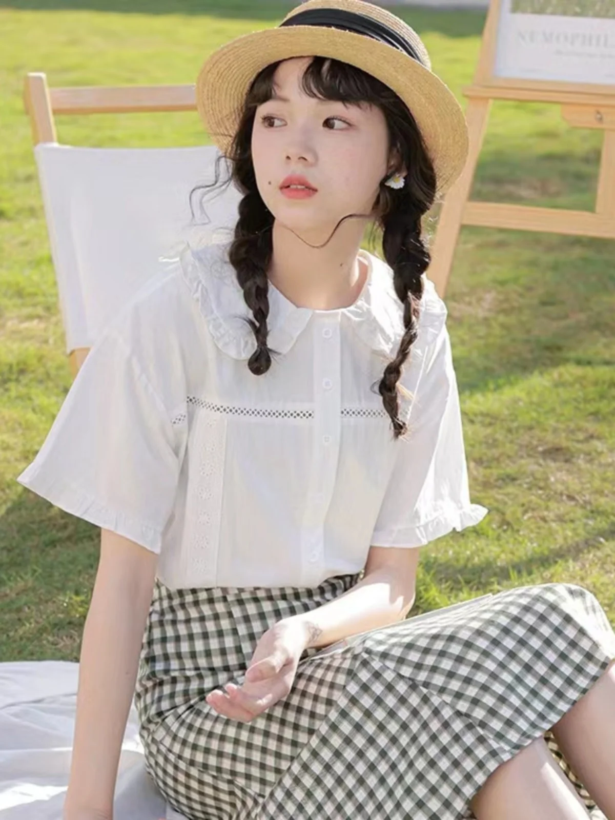 Sweet Doll Collar ort Sve Women's irt Summer New Design Loose College Sle Top Korean Version Pure Color Button Detail
Sweet Doll Collar ort Sve Women's irt Summer New Design Loose College Sle Top Korean Version Pure Color Button Detail