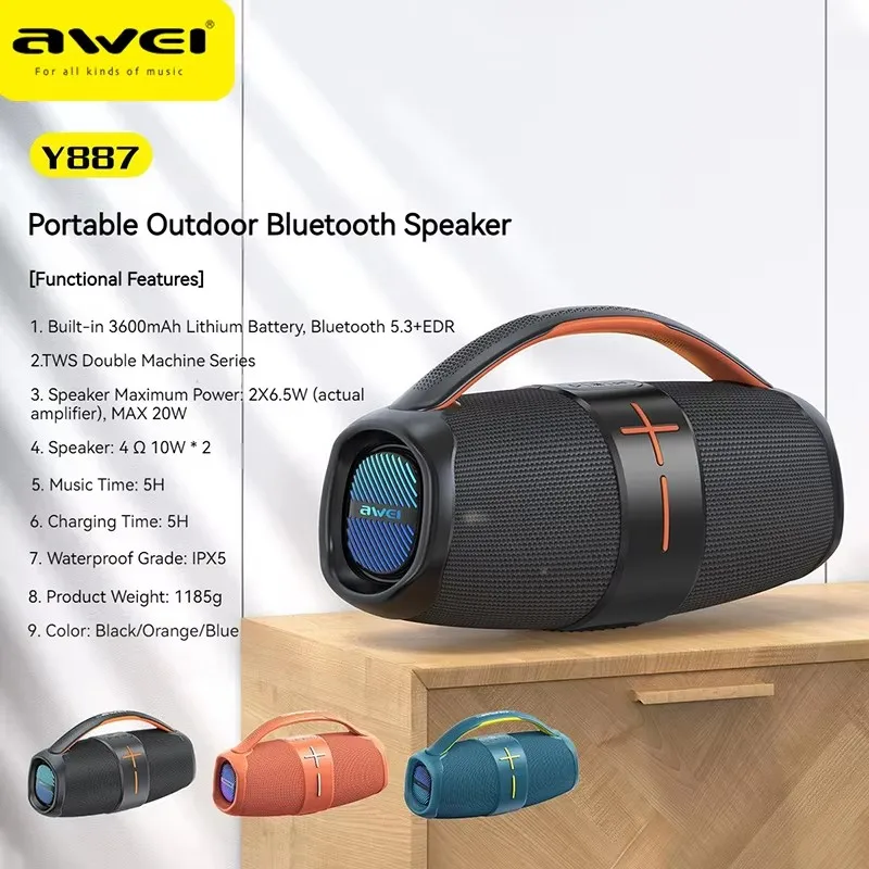 Awei Y887 Portable Speaker TWS Bluetooth 5.3 Outdoor Speaker with Balanced Bass AUX MP3 Player Waterproof Multiple LED Modes
Awei Y887 Portable Speaker TWS Bluetooth 5.3 Outdoor Speaker with Balanced Bass AUX MP3 Player Waterproof Multiple LED Modes