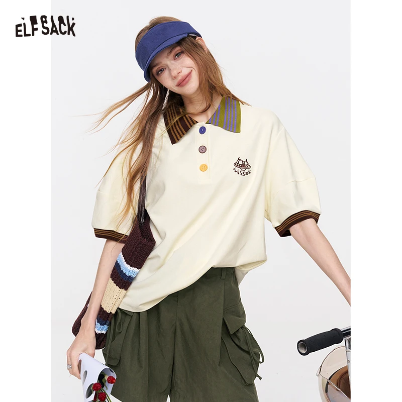 ELFSACK Contrast Collar Polo Shirt, Oversized Half Sleeve T-Shirt with Colorful Buttons & Embroidered Logo
ELFSACK Contrast Collar Polo Shirt, Oversized Half Sleeve T-Shirt with Colorful Buttons & Embroidered Logo