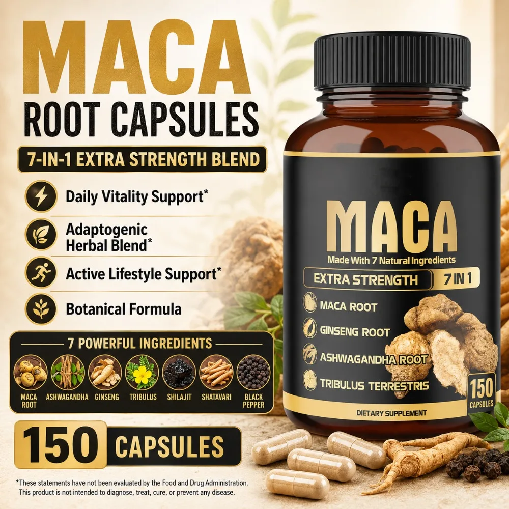 Maca Root Capsules 7-in-1 with Ashwagandha, Ginseng, Tribulus, Shilajit, Shatavari & Black Pepper, Extra Strength, 150 Count
Maca Root Capsules 7-in-1 with Ashwagandha, Ginseng, Tribulus, Shilajit, Shatavari & Black Pepper, Extra Strength, 150 Count