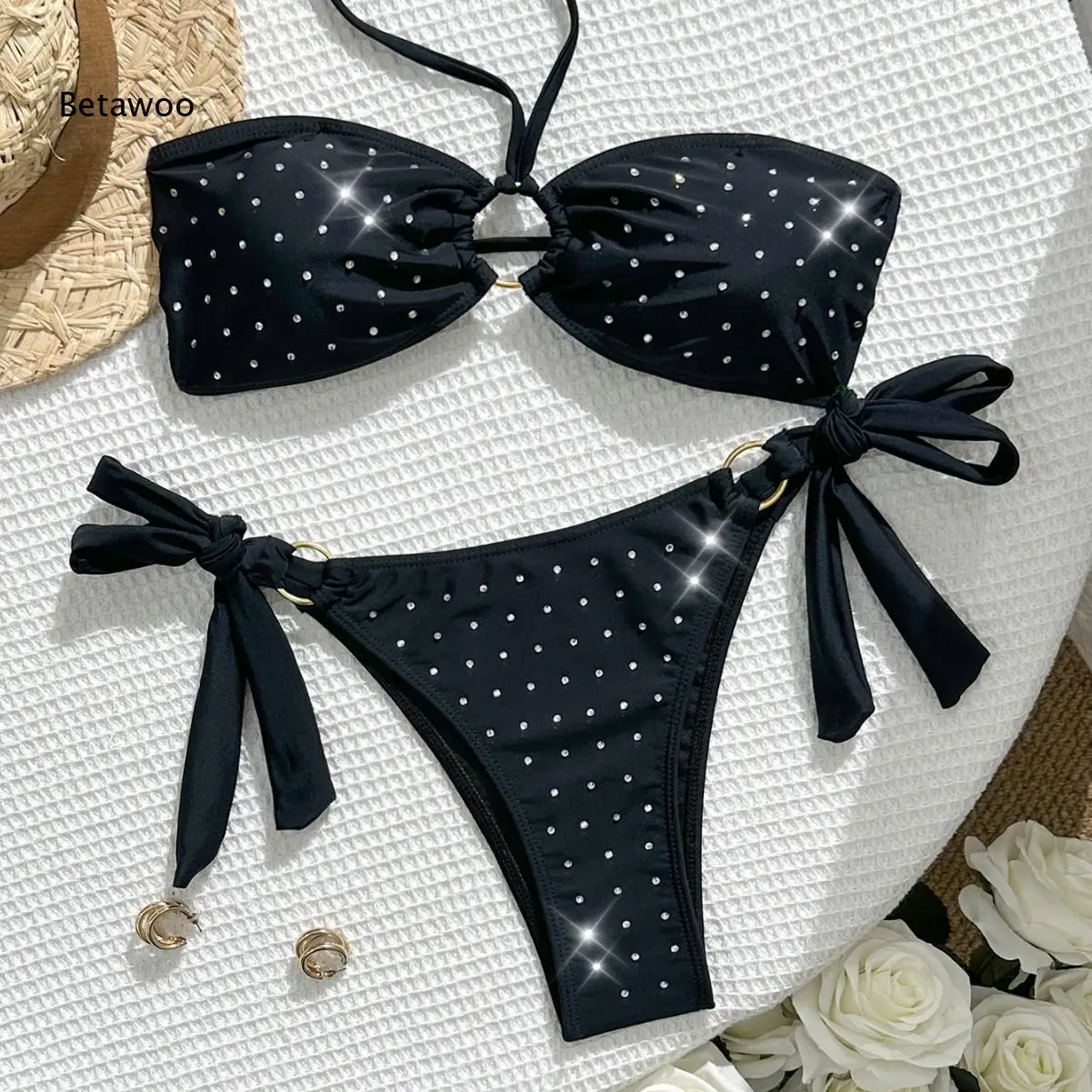 Women's Black Polka Dot Bikini Set with Rhinestone Detail Bowknot Halter Top and Tie Side Bottom Swimwear Summer Beach Bathing
Women's Black Polka Dot Bikini Set with Rhinestone Detail Bowknot Halter Top and Tie Side Bottom Swimwear Summer Beach Bathing