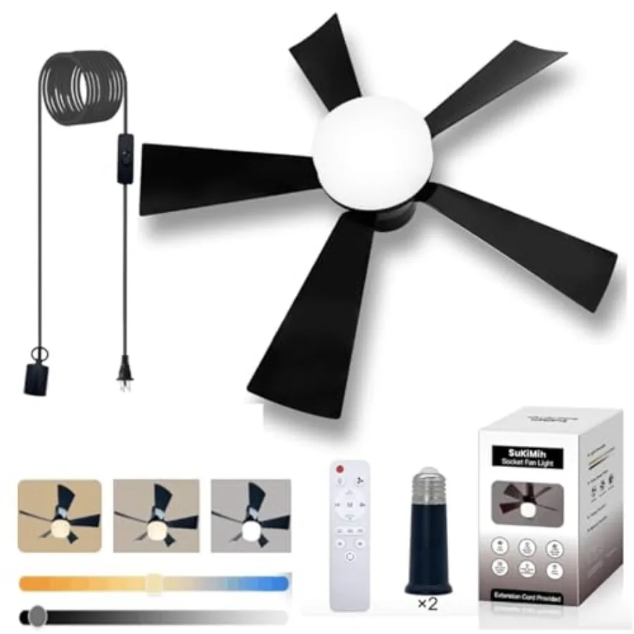 Socket Fan Light, , Plug in Ceiling Fan, Gazebo Fan, Outdoor/Indoor 2 Versions, 16.4 Feet Cord with Hook UL Listed, Ceiling Lig
Socket Fan Light, , Plug in Ceiling Fan, Gazebo Fan, Outdoor/Indoor 2 Versions, 16.4 Feet Cord with Hook UL Listed, Ceiling Lig