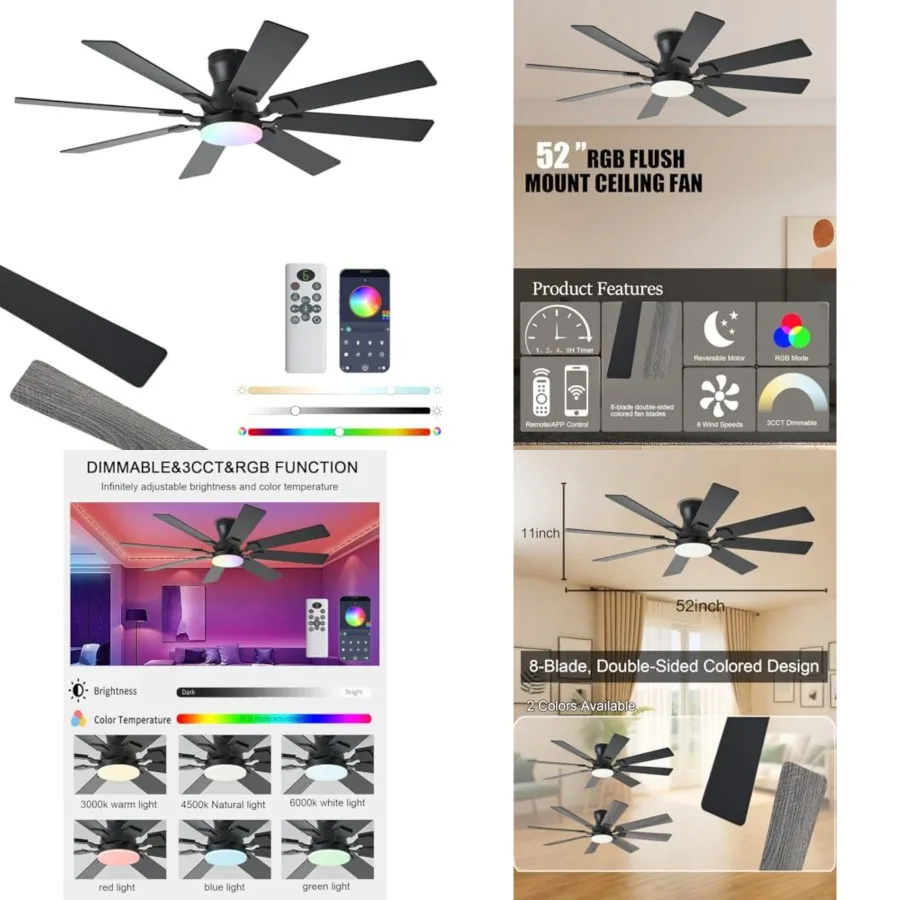 52 inch Ceiling Fan with Light, 6 Speeds Reversible Low Profile Ceiling Fan with Light and Remote/APP Control, 3 Color Temp+Dim
52 inch Ceiling Fan with Light, 6 Speeds Reversible Low Profile Ceiling Fan with Light and Remote/APP Control, 3 Color Temp+Dim