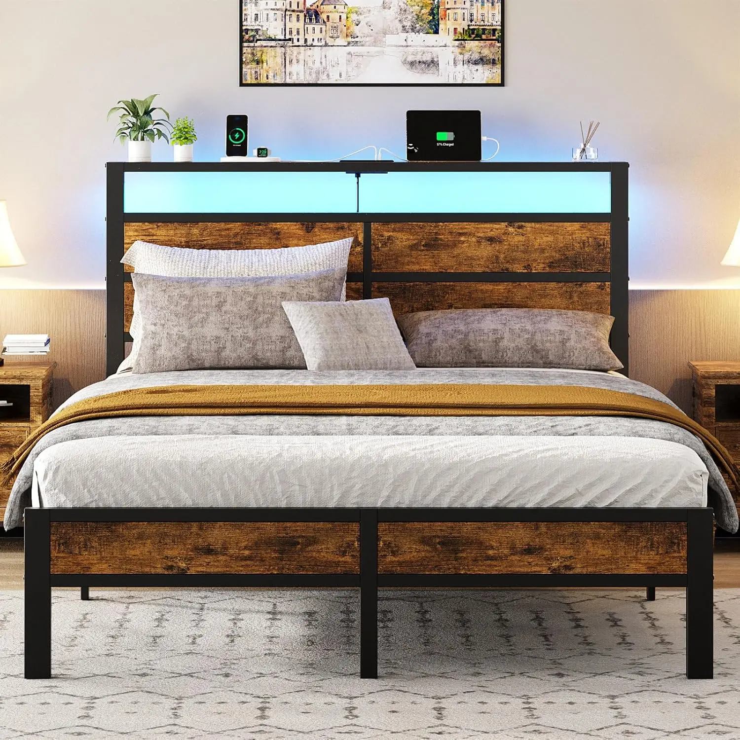 Queen Size Bed Frame, Queen Bed with Charging Station Headboard and LED Lights, Platform Bed with Metal Slats, No, Customized
Queen Size Bed Frame, Queen Bed with Charging Station Headboard and LED Lights, Platform Bed with Metal Slats, No, Customized