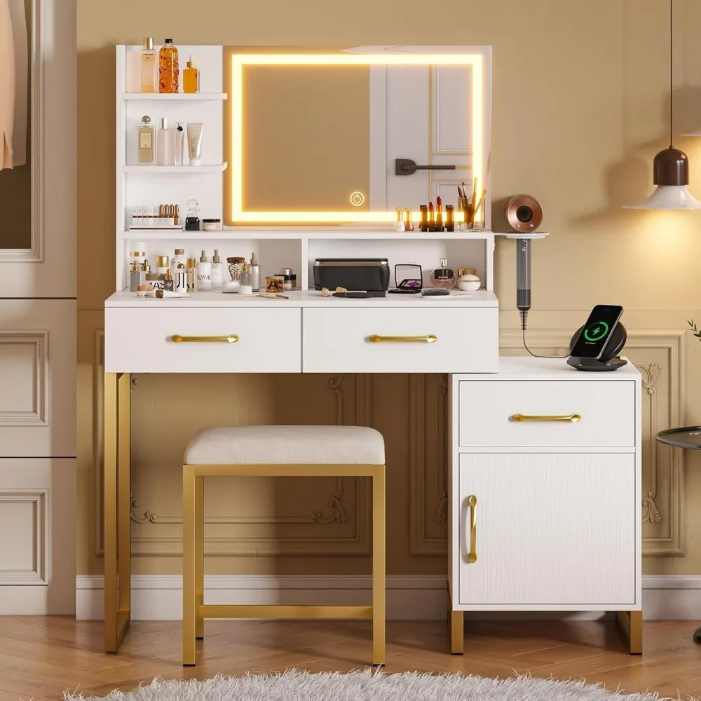 Vanity Desk with Mirror and Lights, Vanities with Charging Station, Makeup Vanity with 3 Lighting Modes Brightness Adjustable
Vanity Desk with Mirror and Lights, Vanities with Charging Station, Makeup Vanity with 3 Lighting Modes Brightness Adjustable