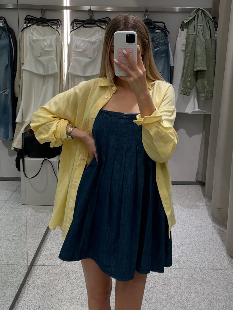 TRAFZA Women New Temperament Simple Straight Collar Denim Short Dress Female Elegant Sexy Thin Sling Zipper Loose Pleated Dress
TRAFZA Women New Temperament Simple Straight Collar Denim Short Dress Female Elegant Sexy Thin Sling Zipper Loose Pleated Dress
