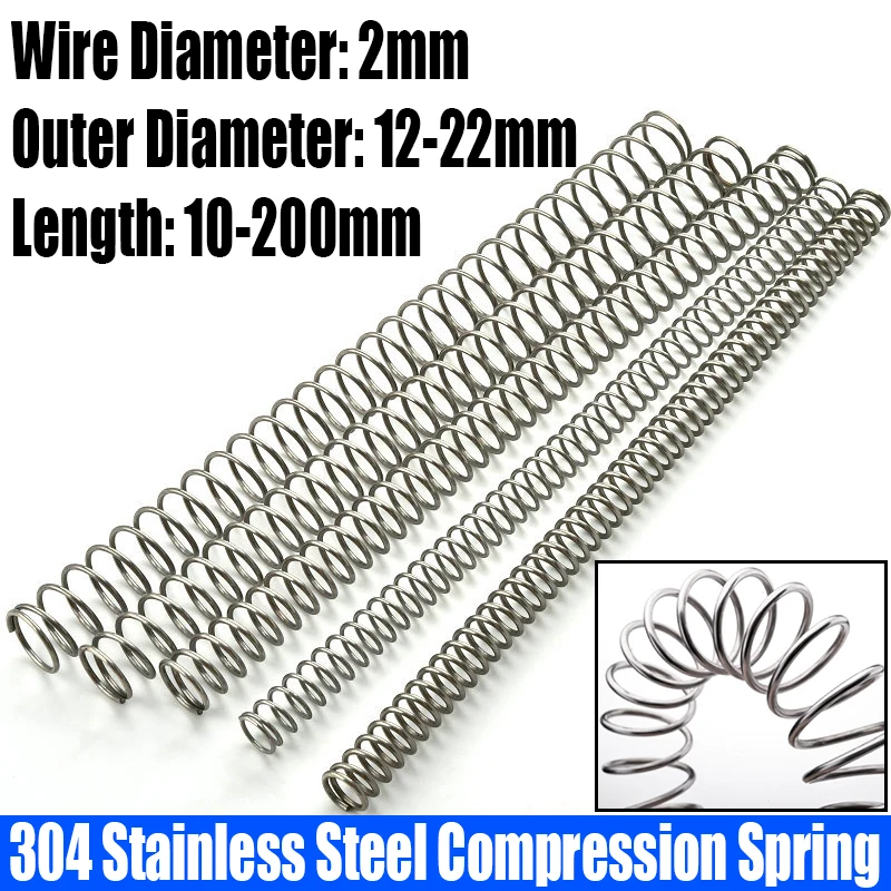 1/4PCS 2mm Wire Diameter Compression Spring 304 Stainless Steel Pressure Spring Return Spring 12-22mm Outside Diameter L=10-200 
1/4PCS 2mm Wire Diameter Compression Spring 304 Stainless Steel Pressure Spring Return Spring 12-22mm Outside Diameter L=10-200