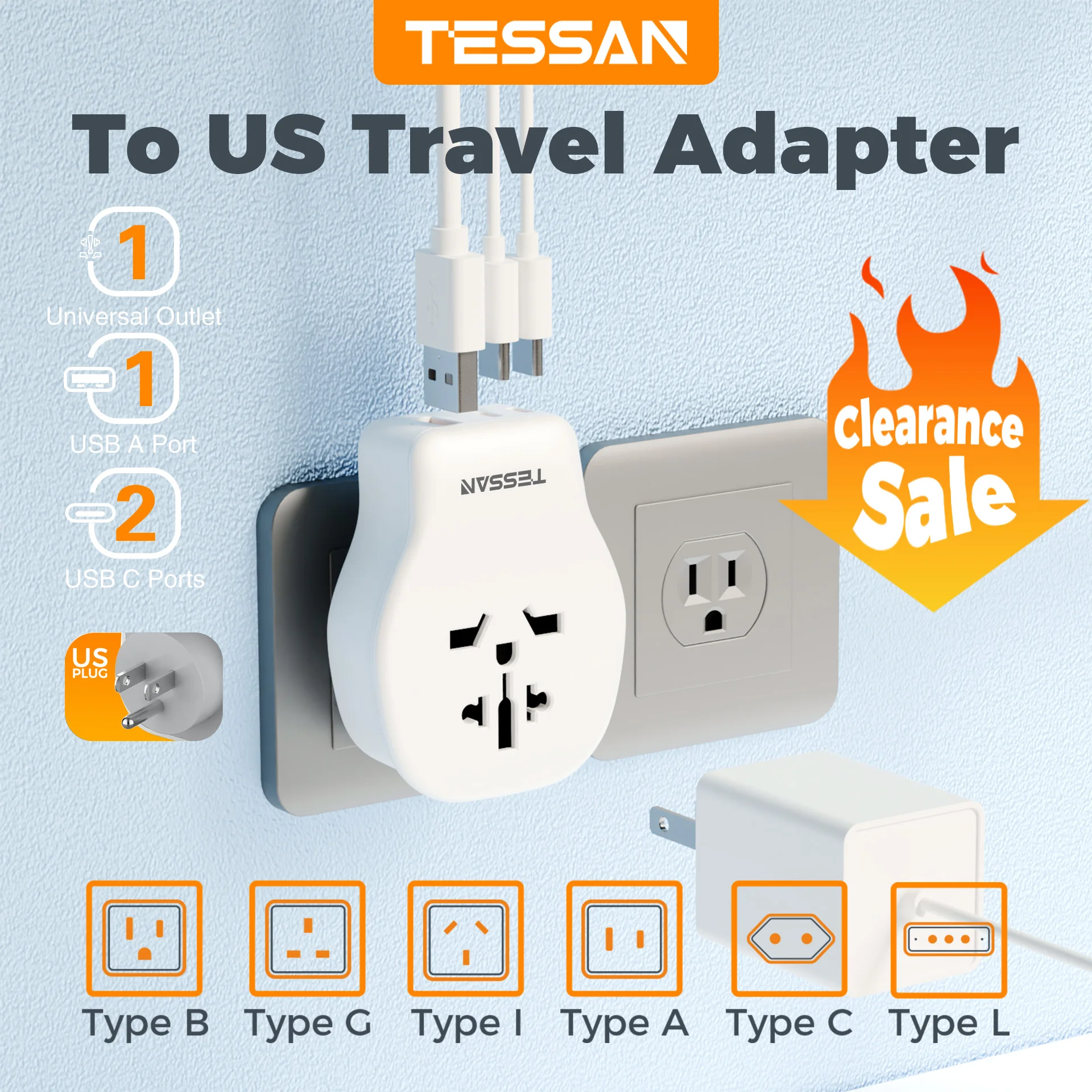 TESSAN US Travel Adapter with Universal AC 3 USB Wall Plug Adaptor for Type C G B I A L Electrical Socket for Travel Hotel Room
TESSAN US Travel Adapter with Universal AC 3 USB Wall Plug Adaptor for Type C G B I A L Electrical Socket for Travel Hotel Room