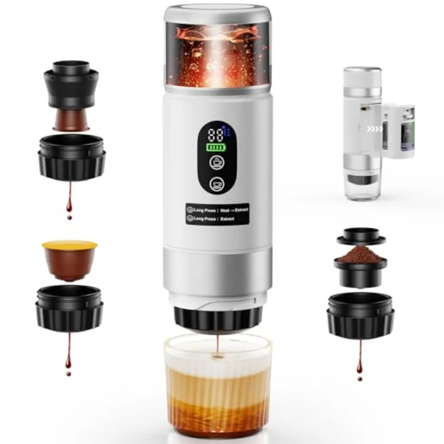 Portable Espresso Maker for camping and RV use, white ABS plastic, white color, USB-C rechargeable with two batteries and 3-in-
Portable Espresso Maker for camping and RV use, white ABS plastic, white color, USB-C rechargeable with two batteries and 3-in-