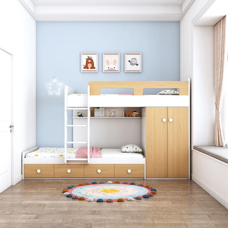 Dislocated high and low bed small apartment staggered multi-functional wardrobe with desk
Dislocated high and low bed small apartment staggered multi-functional wardrobe with desk