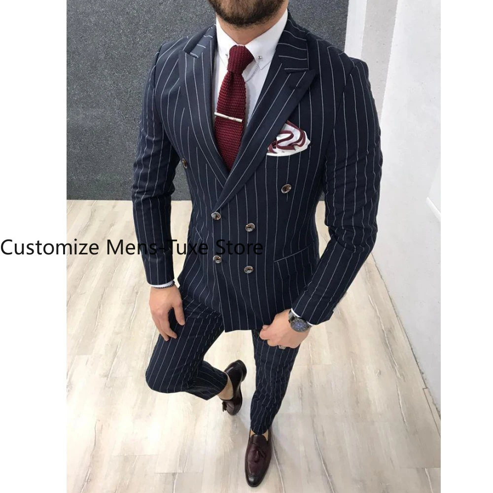 Navy Blue Stripe Double Brested Peak Lapel Men's Suits Slim Fit Business High Street Male Clothing 2 Piece Jacket Pants Full Set
Navy Blue Stripe Double Brested Peak Lapel Men's Suits Slim Fit Business High Street Male Clothing 2 Piece Jacket Pants Full Set