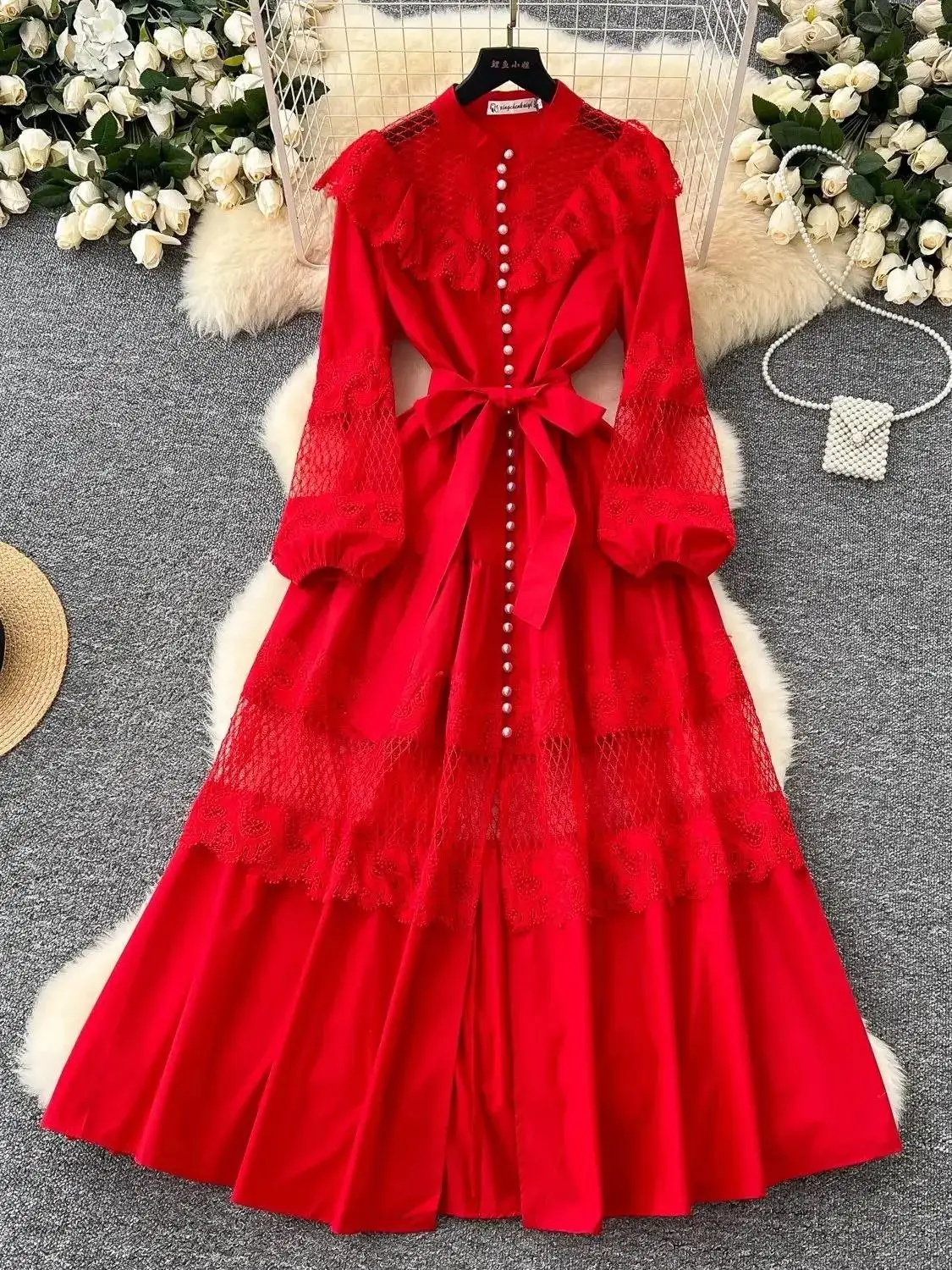 Women's Lantern Sleeve Pearls Single Breasted Long Dress Spring Autumn Elegant Hollow Out Lace Splicing Ruffles Party Vestidos
Women's Lantern Sleeve Pearls Single Breasted Long Dress Spring Autumn Elegant Hollow Out Lace Splicing Ruffles Party Vestidos