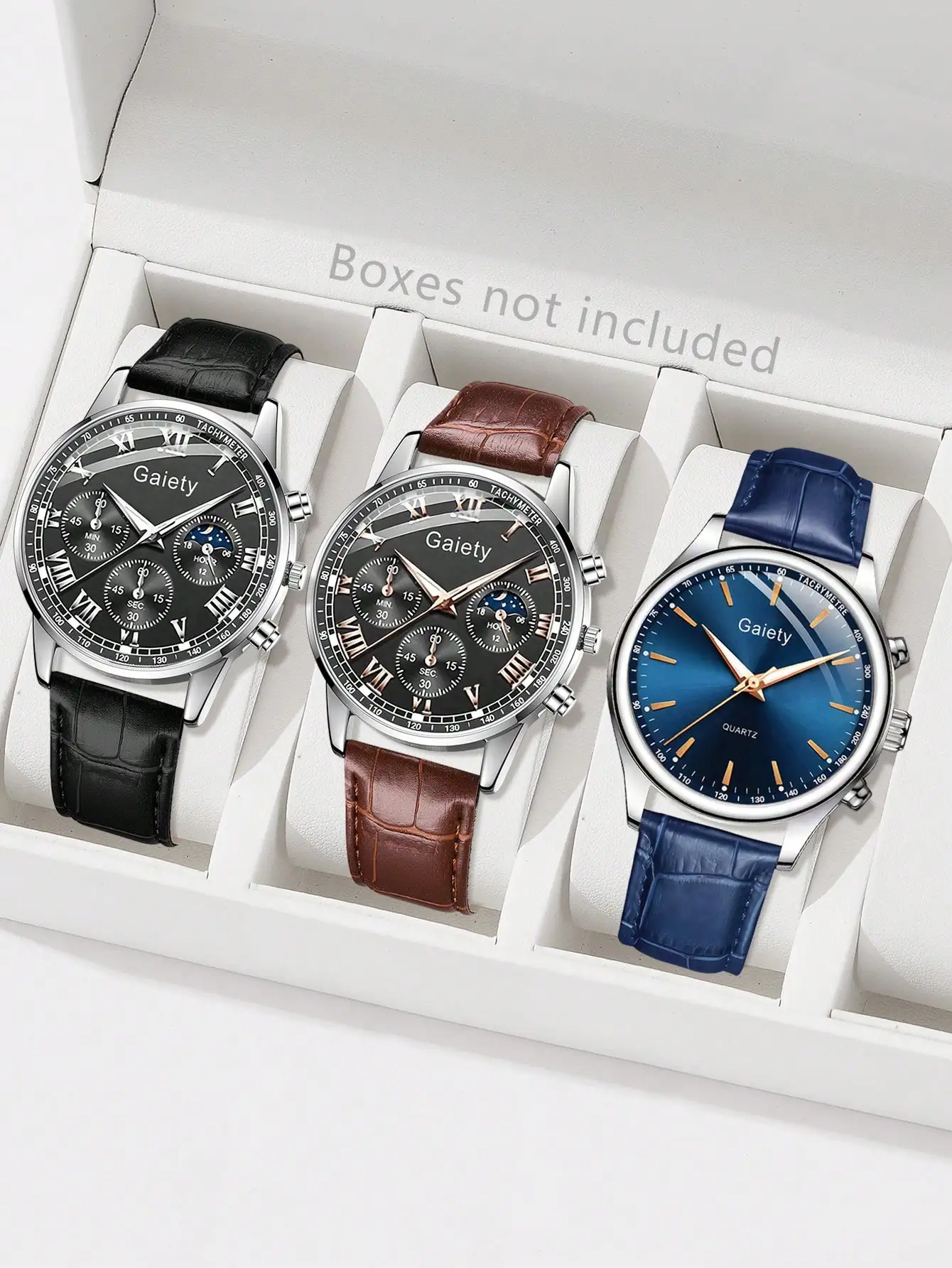 Набор из 3 мужских кварцевых часов с кожаными ремешками, римскими и цифровыми циферблатами, функцией хронографа и датой
Набор из 3 мужских кварцевых часов с кожаными ремешками, римскими и цифровыми циферблатами, функцией хронографа и датой