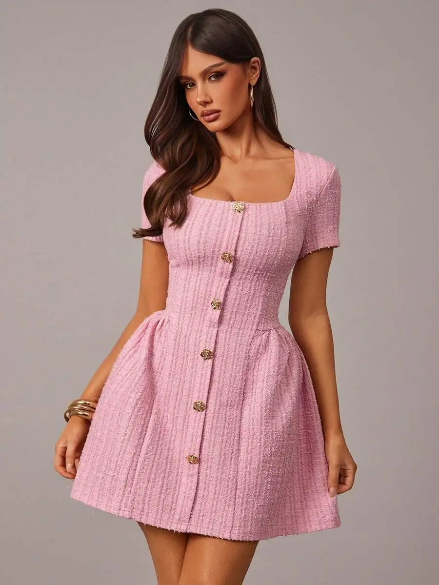 Pink Tweed Mini Dress With Square Neck And Covered Buttons A-Line Waist Cinched Vintage Style
Pink Tweed Mini Dress With Square Neck And Covered Buttons A-Line Waist Cinched Vintage Style
