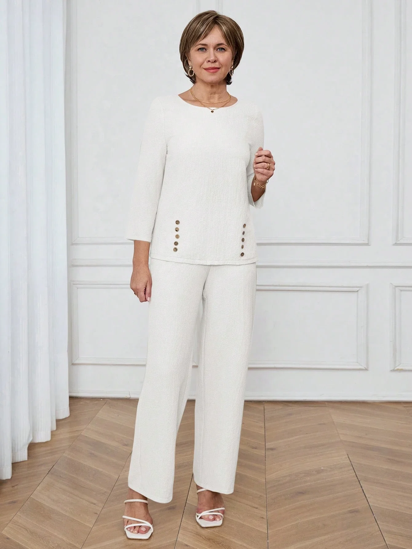 Women Solid Color Button Design 3/4 Sleeve Top And Pants Casual 2 Piece Set Spring Summer
Women Solid Color Button Design 3/4 Sleeve Top And Pants Casual 2 Piece Set Spring Summer