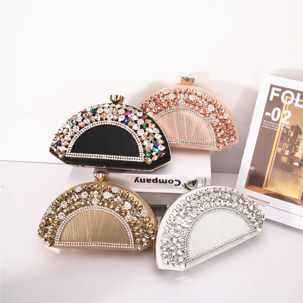 Luxury Collection Four Elegant Semi Circular Handbags in Black Pink Silver Sparkling with Golden Accents Colorful Gems
Luxury Collection Four Elegant Semi Circular Handbags in Black Pink Silver Sparkling with Golden Accents Colorful Gems