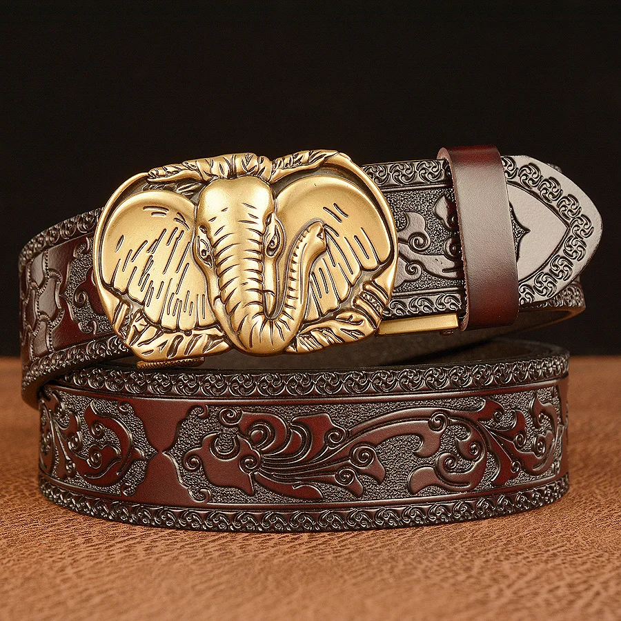 New Automatic Buckle Men's Belt for Foreign Trade, Cowhide Personalized Big Ear Elephant Casual Belt, Tang Grass Pattern Belt
New Automatic Buckle Men's Belt for Foreign Trade, Cowhide Personalized Big Ear Elephant Casual Belt, Tang Grass Pattern Belt