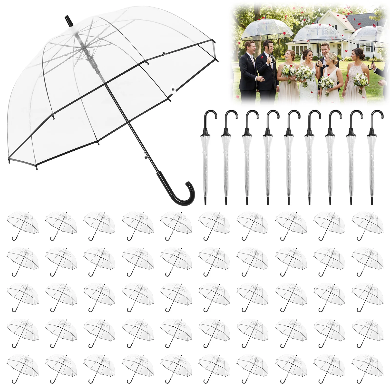 60 шт. автоматических прозрачных зонтов-куполов с классической ручкой-крючком, 8 спиц, высокая видимость, для свадеб, выпускных и мероприятий на открытом воздухе
60 шт. автоматических прозрачных зонтов-куполов с классической ручкой-крючком, 8 спиц, высокая видимость, для свадеб, выпускных и мероприятий на открытом воздухе