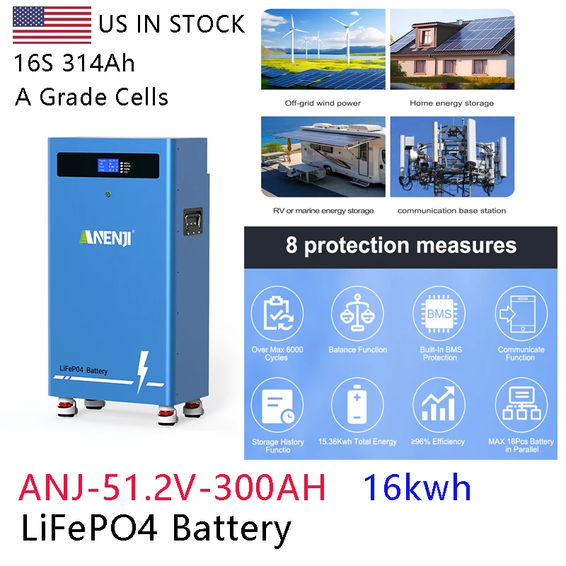 ANENJI 51.2V LiFePO4 Battery 48V 300Ah 15KWH 6000+ Cycles A Cells With CAN RS485 BMS Support Parallel for Home Rack mounted
ANENJI 51.2V LiFePO4 Battery 48V 300Ah 15KWH 6000+ Cycles A Cells With CAN RS485 BMS Support Parallel for Home Rack mounted