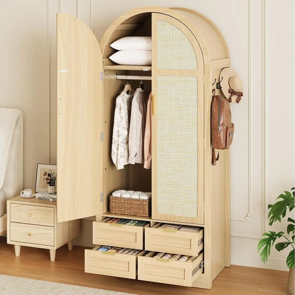 Rattan Door Wood Wardrobe with 4 Drawers - Large Storage Capacity, Arched Closet for Bedroom
Rattan Door Wood Wardrobe with 4 Drawers - Large Storage Capacity, Arched Closet for Bedroom