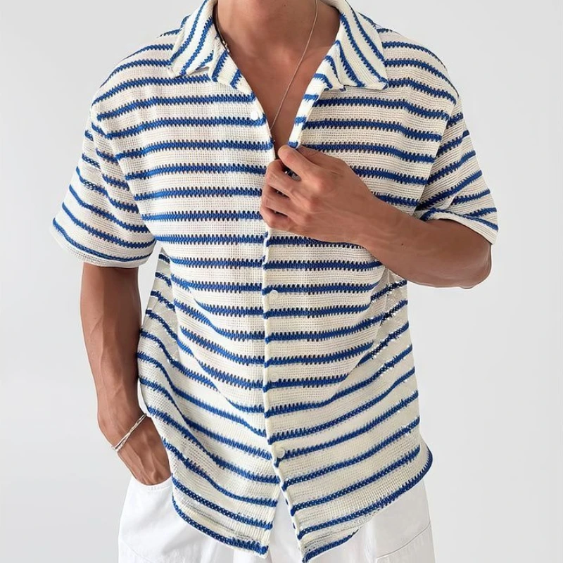 Male Navy Striped Short-Sleeved Summer Top Korean Fashion Lightweight Collar Relaxed Draping Garment Everyday Wear Comfort Fit
Male Navy Striped Short-Sleeved Summer Top Korean Fashion Lightweight Collar Relaxed Draping Garment Everyday Wear Comfort Fit