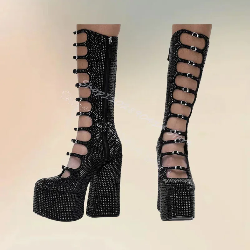 Black Rhinestone Buckle Hollow Design Platform Boots Side Zipper Women Shoes Chunky High Heels Banquet 2025 Zapatos Para Mujere
Black Rhinestone Buckle Hollow Design Platform Boots Side Zipper Women Shoes Chunky High Heels Banquet 2025 Zapatos Para Mujere