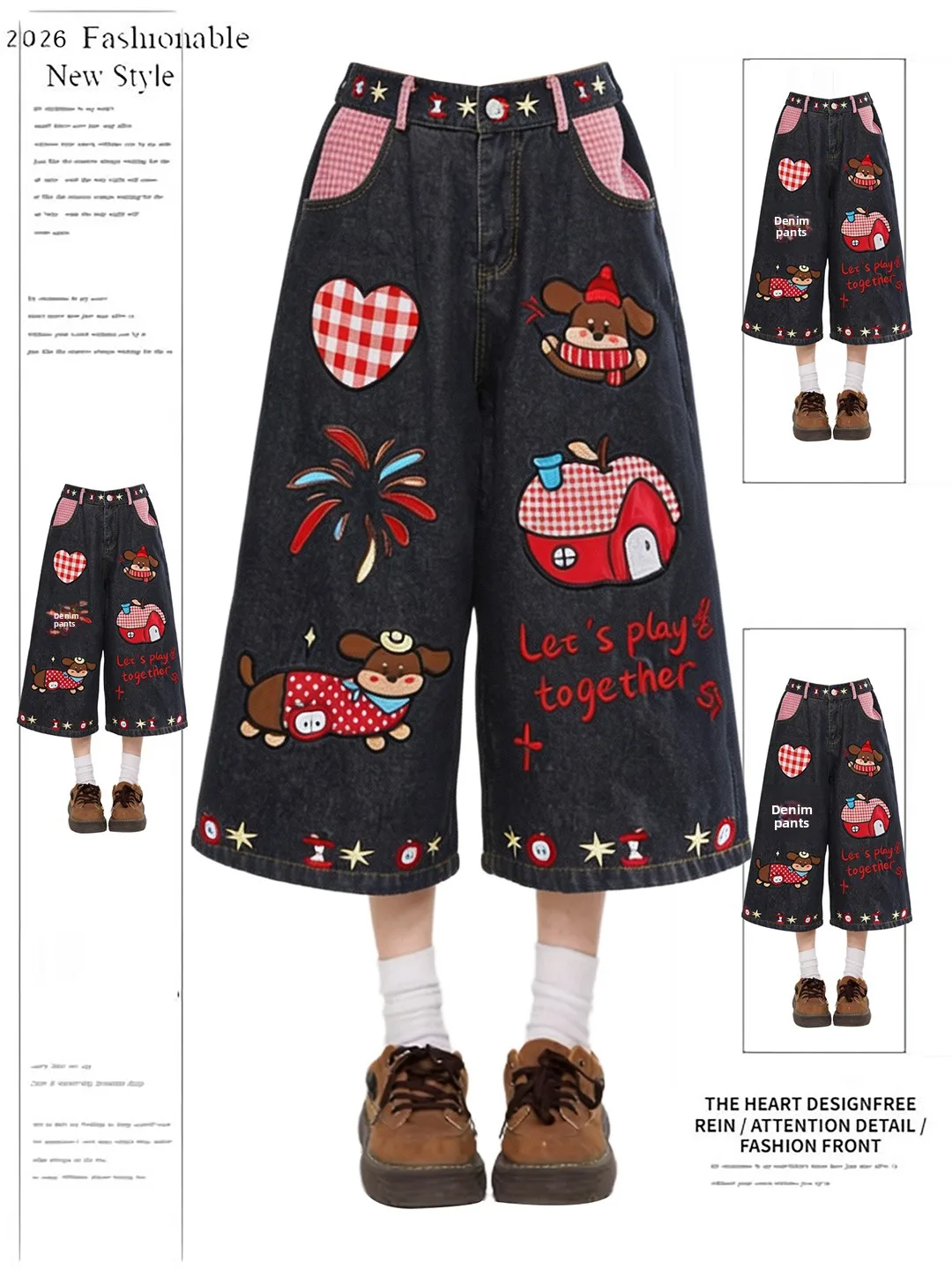 Retro American Cartoon Dog Embroidered Denim Shorts Women's Loose Wide Leg Casual Seven-Foot Pants Summer High Waist Zipper
Retro American Cartoon Dog Embroidered Denim Shorts Women's Loose Wide Leg Casual Seven-Foot Pants Summer High Waist Zipper