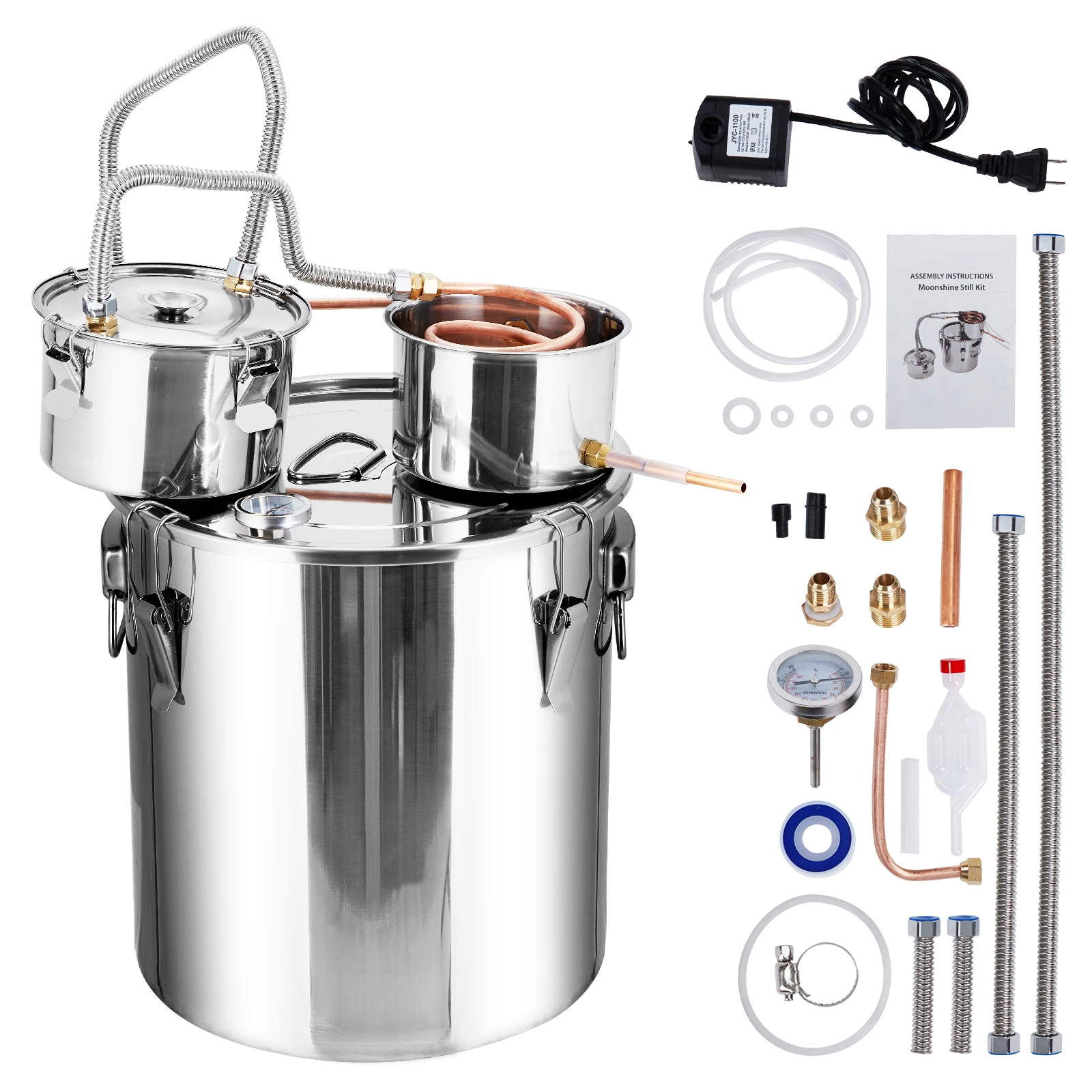 5Gal/19L Stainless Steel Water Alcohol Distiller with Thermometer, Copper Tube and Water Pump for Brewing DIY Whisky Making
5Gal/19L Stainless Steel Water Alcohol Distiller with Thermometer, Copper Tube and Water Pump for Brewing DIY Whisky Making