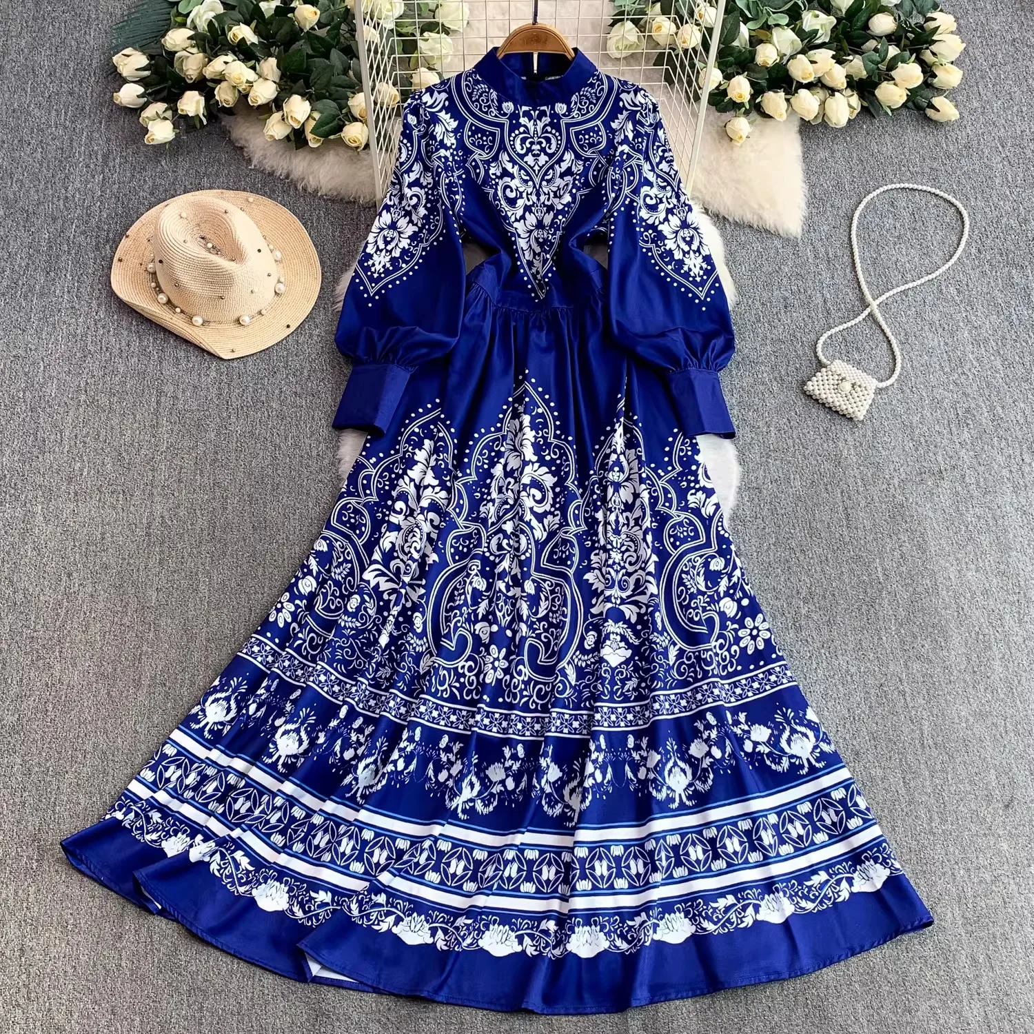Vintage Print Women Dress Female Stand Collar Long Lantern Sleeve Paisley Printing High Waist Maxi Robes Evening Party Vestidos
Vintage Print Women Dress Female Stand Collar Long Lantern Sleeve Paisley Printing High Waist Maxi Robes Evening Party Vestidos
