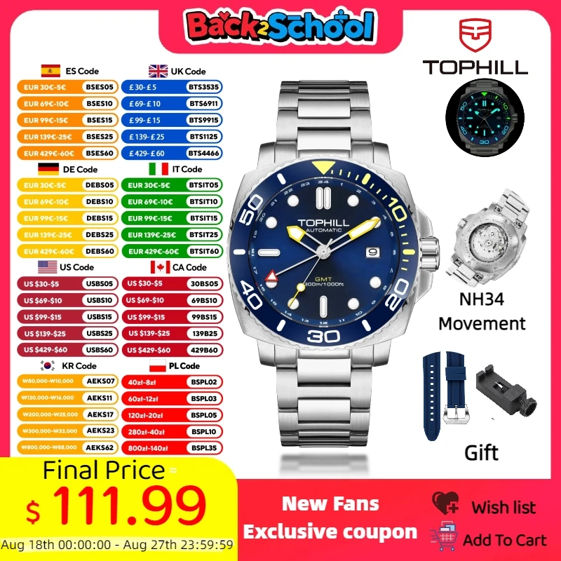 TOPHILL NH34 Automatic Movement Submariner Wristwatch Diver watch 300M Men's watches GMT Mechanical watch
TOPHILL NH34 Automatic Movement Submariner Wristwatch Diver watch 300M Men's watches GMT Mechanical watch