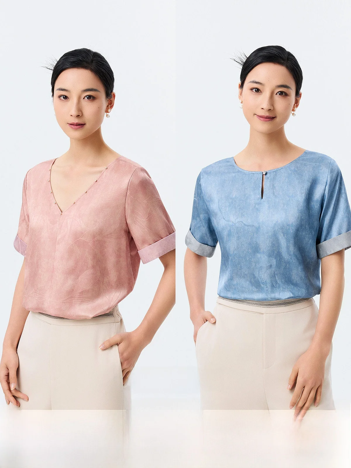 YIYI Fragrant Floral Silk Short Sleeve T-Shirt Front Back Wear Standard Fit Casual Style V-Neck Cool Sensation Summer Top
YIYI Fragrant Floral Silk Short Sleeve T-Shirt Front Back Wear Standard Fit Casual Style V-Neck Cool Sensation Summer Top