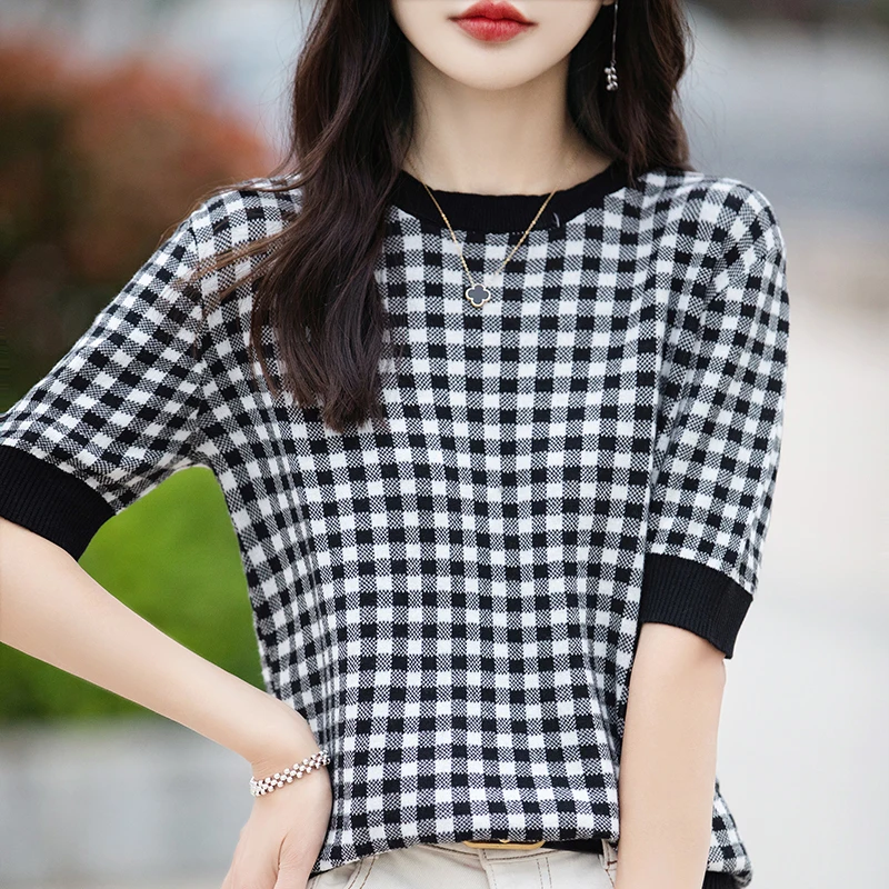 100% Cotton Knit Short-Sleeve Women'S Round-Neck Plaid Color-Blocked Half-Sleeve Top Loose-Fitting T-Shirt Base Shirt
100% Cotton Knit Short-Sleeve Women'S Round-Neck Plaid Color-Blocked Half-Sleeve Top Loose-Fitting T-Shirt Base Shirt