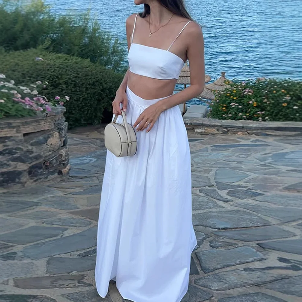 2025 Summer Women Fashion Casual Cotton 2 Piece Set Sexy Camisole Crop Tops + A-line Pleated Maxi Skirts Vacation Beach Suits
2025 Summer Women Fashion Casual Cotton 2 Piece Set Sexy Camisole Crop Tops + A-line Pleated Maxi Skirts Vacation Beach Suits