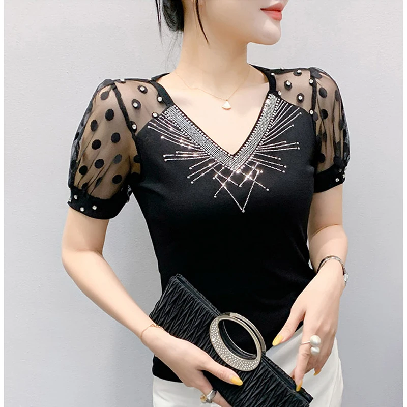 Summer Mesh Tops Sexy Patchwork Polka Dot Shirt V Neck Short Sleeve Diamond Women T Shirt
Summer Mesh Tops Sexy Patchwork Polka Dot Shirt V Neck Short Sleeve Diamond Women T Shirt