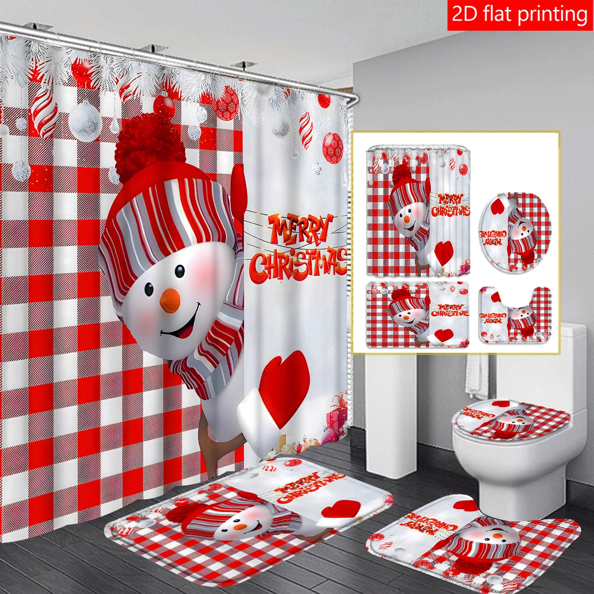 4pc Christmas red checkered snowman bath curtain, bath curtain waterproof fabric bathroom decorative curtain with 12 hooks, anti
4pc Christmas red checkered snowman bath curtain, bath curtain waterproof fabric bathroom decorative curtain with 12 hooks, anti