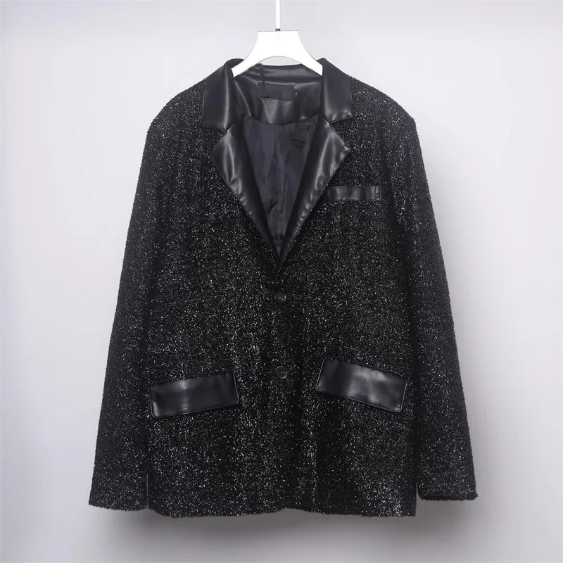 Spring and autumn dark night club night shine pu leather patchwork slim personality suit trend men's suit
Spring and autumn dark night club night shine pu leather patchwork slim personality suit trend men's suit