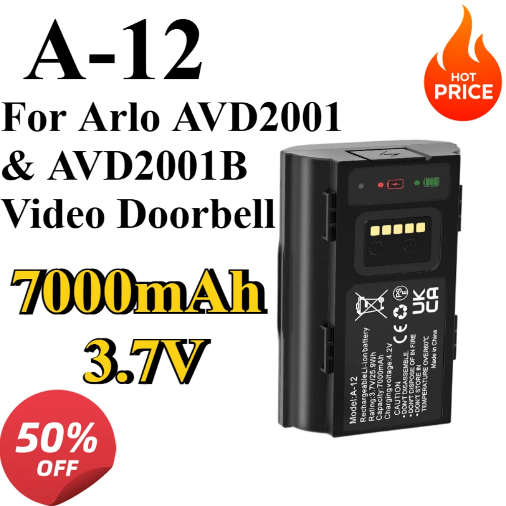 7000mAh 3.7V A-12 Rechargeable Replacement Battery Compatible with Arlo AVD2001 & AVD2001B Video Doorbell
7000mAh 3.7V A-12 Rechargeable Replacement Battery Compatible with Arlo AVD2001 & AVD2001B Video Doorbell