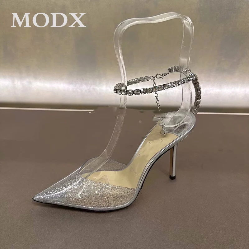 Transparent Silver Glitter Rhinestone High Heels Crystal Straps Chain Pointed Toe Sandals Women Party Wedding Elegance Shoes 40
Transparent Silver Glitter Rhinestone High Heels Crystal Straps Chain Pointed Toe Sandals Women Party Wedding Elegance Shoes 40