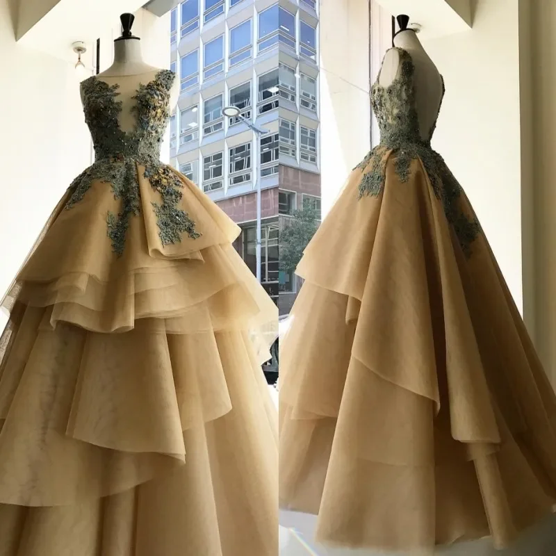 Khaki Prom Dresses Sleeveless Sheer Neck Backless Applique Tiered Floor Length Custom Made Evening Gowns Formal Dresses
Khaki Prom Dresses Sleeveless Sheer Neck Backless Applique Tiered Floor Length Custom Made Evening Gowns Formal Dresses