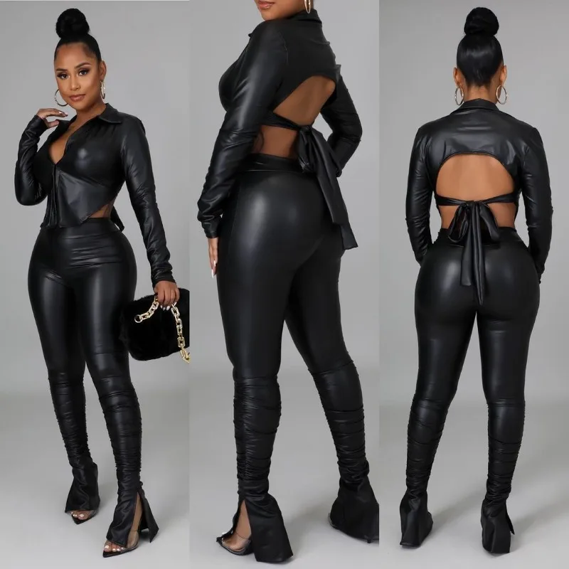 KEXU PU Leather Women's Set Long Sleeve Backless Coat and Ruched Stacked Pants 2025 Spring Streetwear Two 2 Piece Sets Outfits
KEXU PU Leather Women's Set Long Sleeve Backless Coat and Ruched Stacked Pants 2025 Spring Streetwear Two 2 Piece Sets Outfits