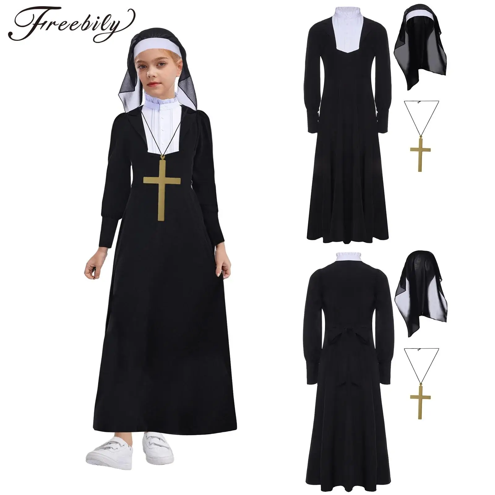 Kids Girls Halloween Nun Costume Theme Party Religious Catholic Priest Sister Cosplay Robe Long Sleeve Dress with Veil Cross
Kids Girls Halloween Nun Costume Theme Party Religious Catholic Priest Sister Cosplay Robe Long Sleeve Dress with Veil Cross