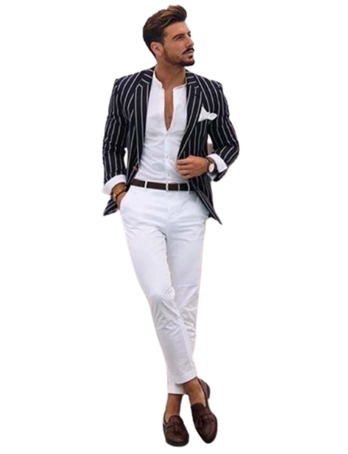 Men's Casual 2 Pieces Suit Stripe Jacket and White Pants for Wedding Party
Men's Casual 2 Pieces Suit Stripe Jacket and White Pants for Wedding Party