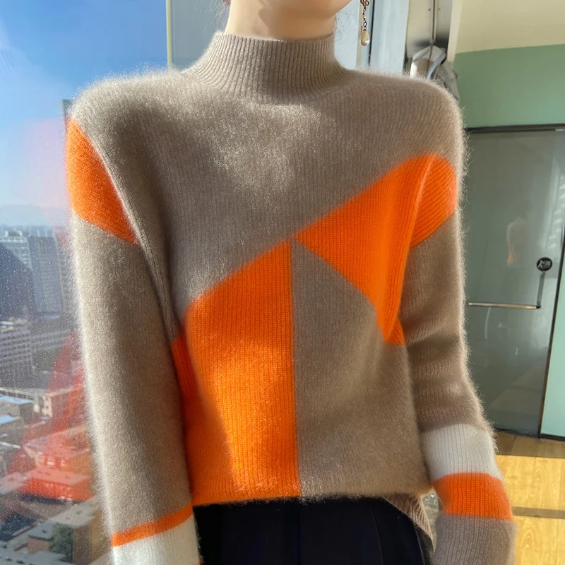 Осень/зима, шерстяной контрастный свитер с половиной шеи, женский свободный цветной пуловер, трикотажная нижняя рубашка
Осень/зима, шерстяной контрастный свитер с половиной шеи, женский свободный цветной пуловер, трикотажная нижняя рубашка