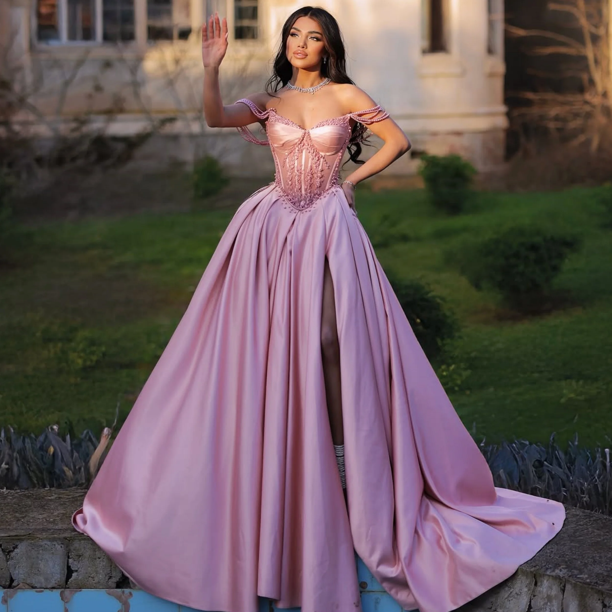 Rose Customized Evening Dresses Elegant A Line Pink Vestidos de Gala Sweetheart Off Shoulder Stain Plears Birthday Prom Gowns
Rose Customized Evening Dresses Elegant A Line Pink Vestidos de Gala Sweetheart Off Shoulder Stain Plears Birthday Prom Gowns