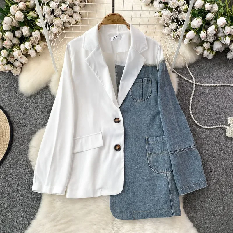Denim Patchwrok Coat Women Spring Autumn Fashion Single Breasted Irregular Jeans Suit Jacket Female Loose Cowboy Outerwear W873
Denim Patchwrok Coat Women Spring Autumn Fashion Single Breasted Irregular Jeans Suit Jacket Female Loose Cowboy Outerwear W873